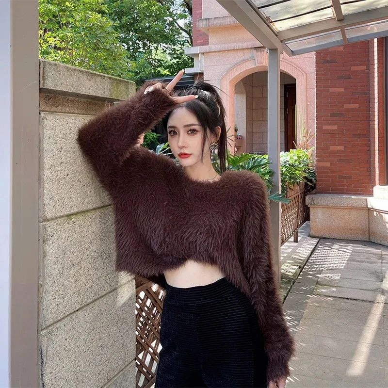 Korean Spring Autumn Sweet Sexy O Neck Mohair Pink Knitted Sweater Crop  Long Sleeve Cardigan Temperament Elegant All-match Solid - AliExpress