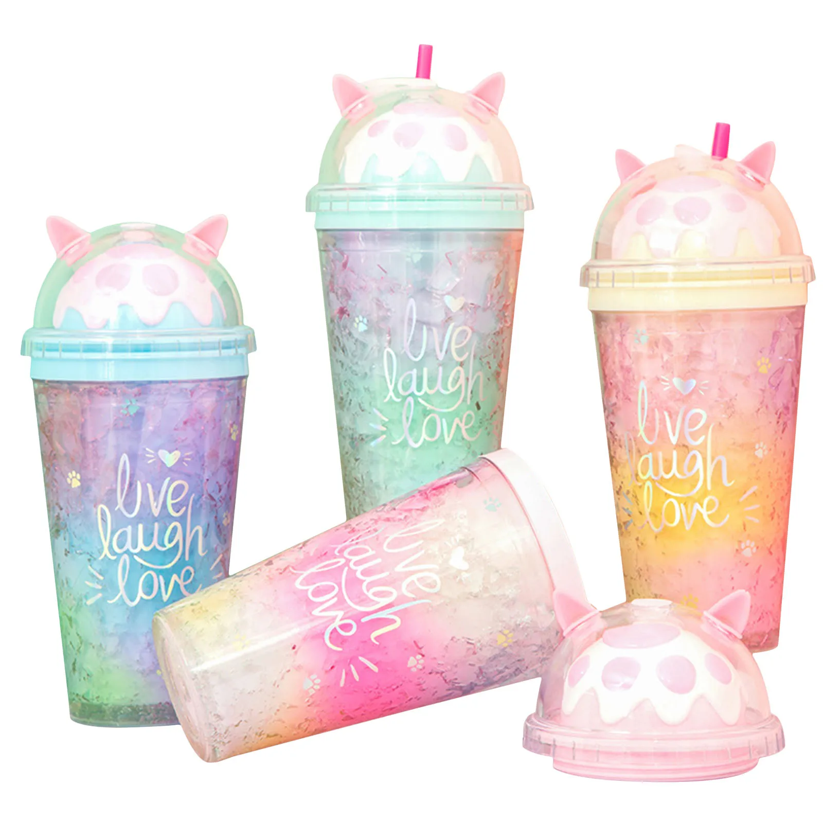 

Summer Crushed Ice Cup Girl Cat Claw Double Refrigeration Cute Fresh And Bright Gradient Color Plastic Leak-Proof Straw Cup