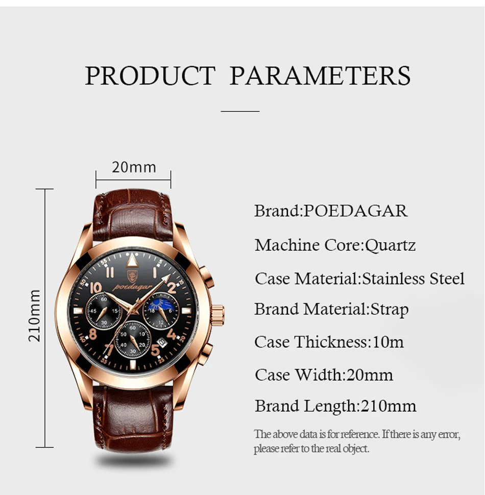 POEDAGAR Men Watches Fashion 2021 New Leather Waterproof Luminous Wristwatch Top Brand Luxury Mens Quartz Relogio Masculino