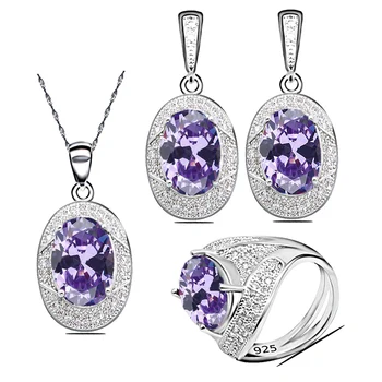 

5 Colors Purple Amethyst 925 Silver Jewelry Set for Women Earrings Ring Necklace Pendant Bridal Jewelry