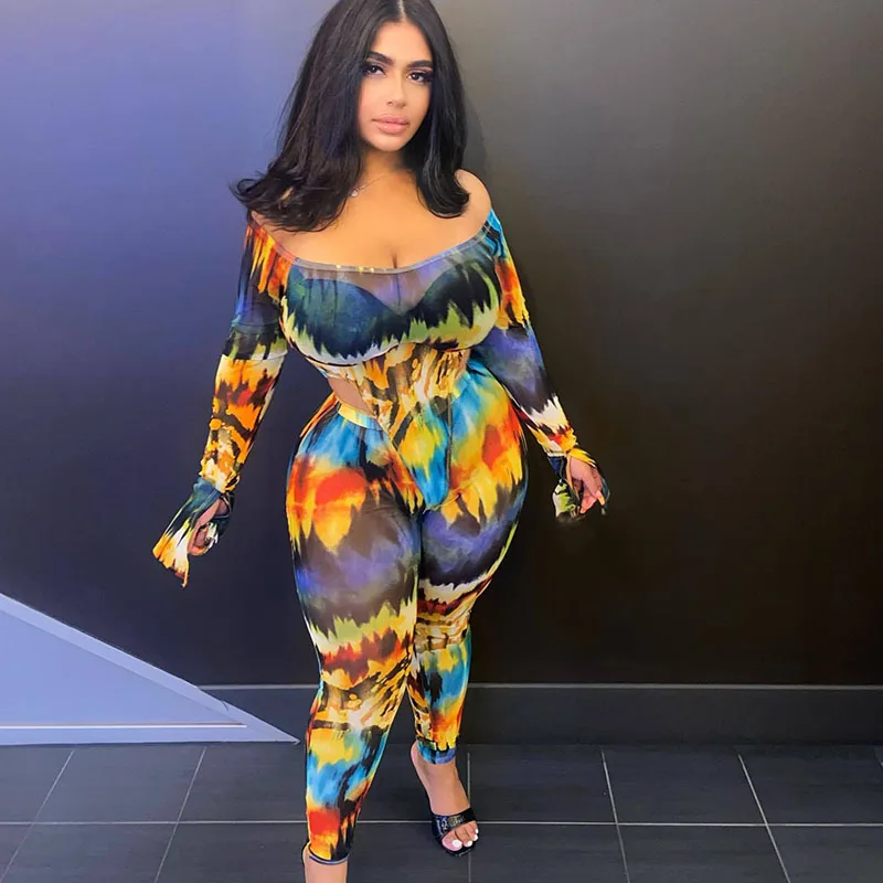 

Женский комплект из 2 предметов с принтом Tie Dye, сетчатый прозрачный боди и леггинсы для вечевечерние