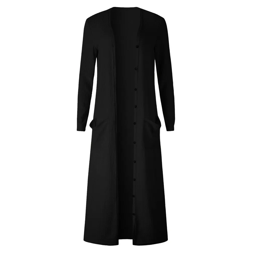 Модные однотонные женские casaco feminino длинный рукав на пуговицах спереди кардиган с карманами mujer Повседневный длинный вязаный длинный свитер