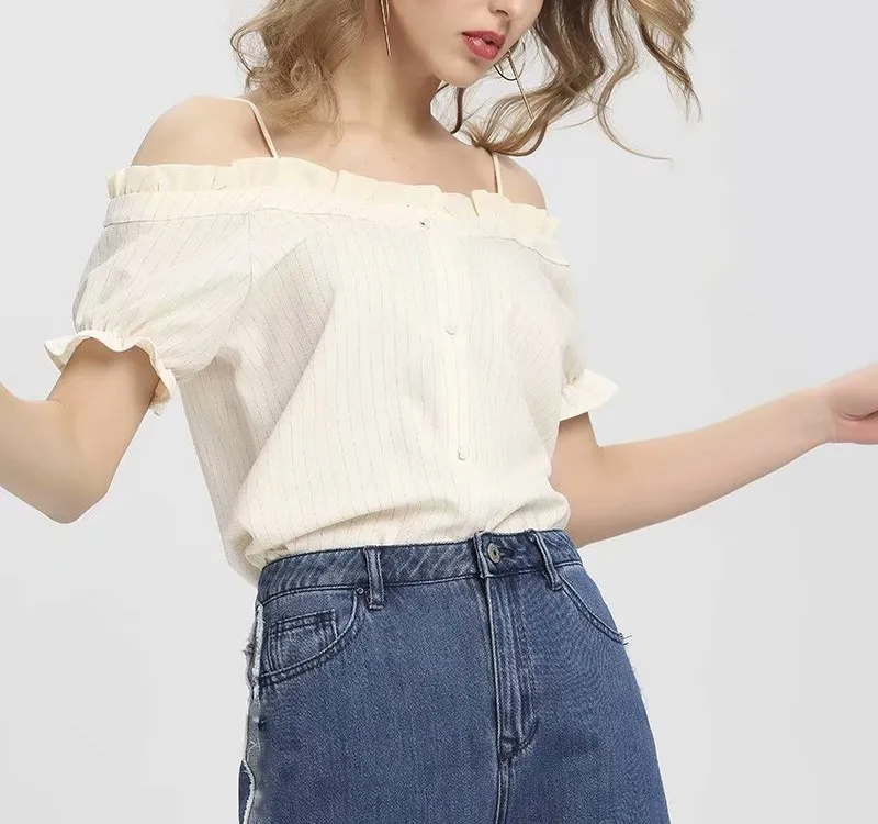 

Fashion Nice Women Eelegent Striped Print Blouse Ruffled Short Sleeve Beach Shirts Sweet Party Tops