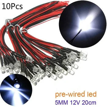 

50pcs 12V with Line LED 5mm Round Head Highlight Straight LED Lamp Bead Line Length 20CM Car Decoration (Random Color)