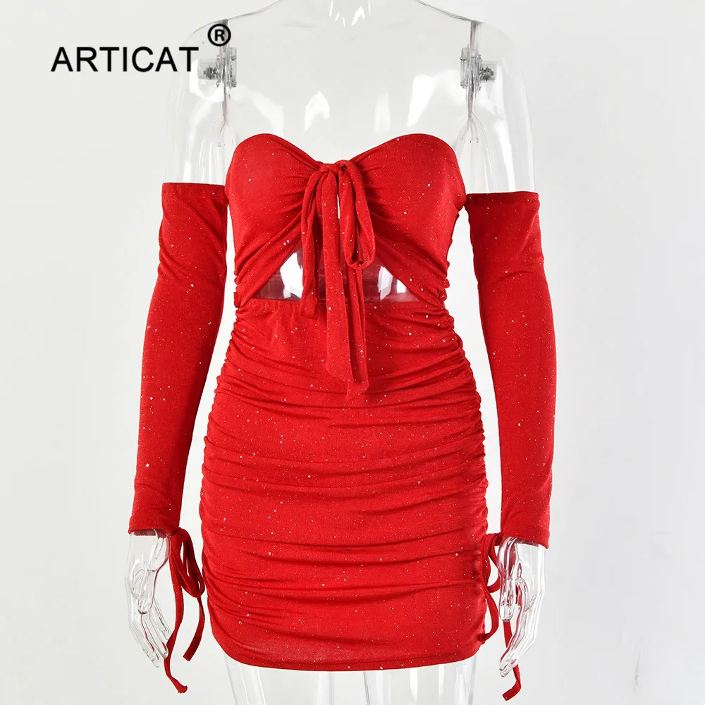 Articat, блестящее облегающее платье с открытыми плечами и рюшами, женское облегающее мини-платье с длинным рукавом, блестящие Сексуальные вечерние платья для ночного клуба