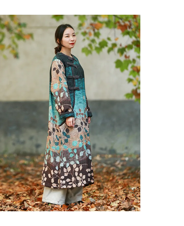 LZJN Women's Ethnic Winter Dress Vintage Chinese Style Soft Fleece Lined Warm Thicken Printed Maxi Coat Pullover with Pockets  (15)