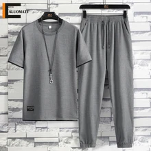 Summer Linen Men Set Chinese Style Thin Breathable Sportswear  Short Sleeved Tshirt Casual Tracksuit Men Slim Jogger Sweat Suits
