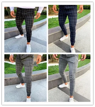 

2020 Spring and Summer Plaid Printing Solid Color Men's Casual Stretch Slim Feet Pants
