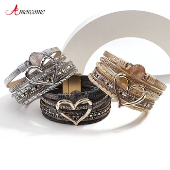 Amorcome Fashion Braided Leather Wrap Bracelets Bangles Multilayer Resin Stone Hollow Heart Charm Bracelets Women Gift Pulseira