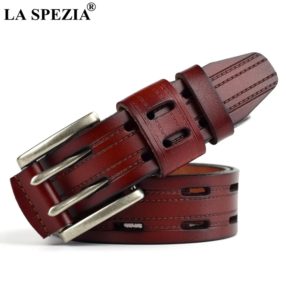 LA SPEZIA Handmade Leather Belt Men Double Pin Buckle Belts Male Burgundy Vintage Real Leather Retro Designer Belts High Quality