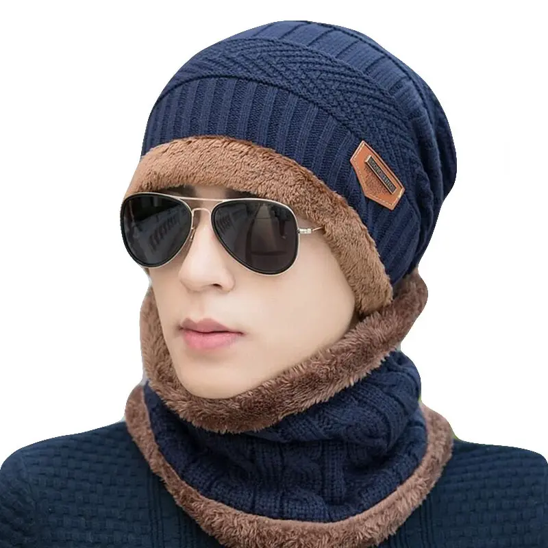 2021 Men Winter Knitted Hat And Scarf Gloves Set Women Warm Plush Hat 3 Piece Sets Male Outdoor Ski Cap Ring Scarves Solid Man