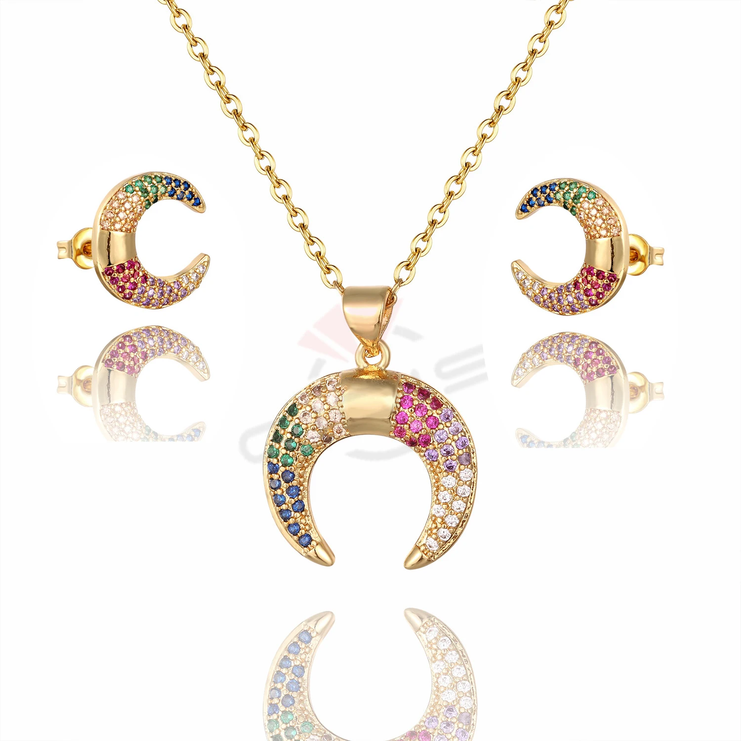 

CZ Zircon Ox Horn Pendant Necklace Earrings Set Hamsa Charm Chain Fashion Necklace Baguete Pendant Female Earrings Jewelry Gift