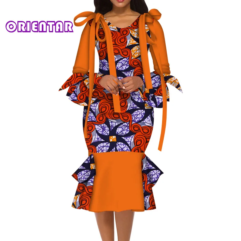 

Fashion Women African Dress V-neck Long Sleeve African Print Dresses with Bow Women Evening Party Vestidos Ankara Dress WY6017