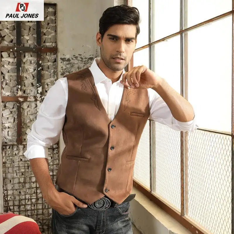 PJ PAUL JONES Mens Lace-up Suede Leather Vest Slim Fit Western Cowboy Vest