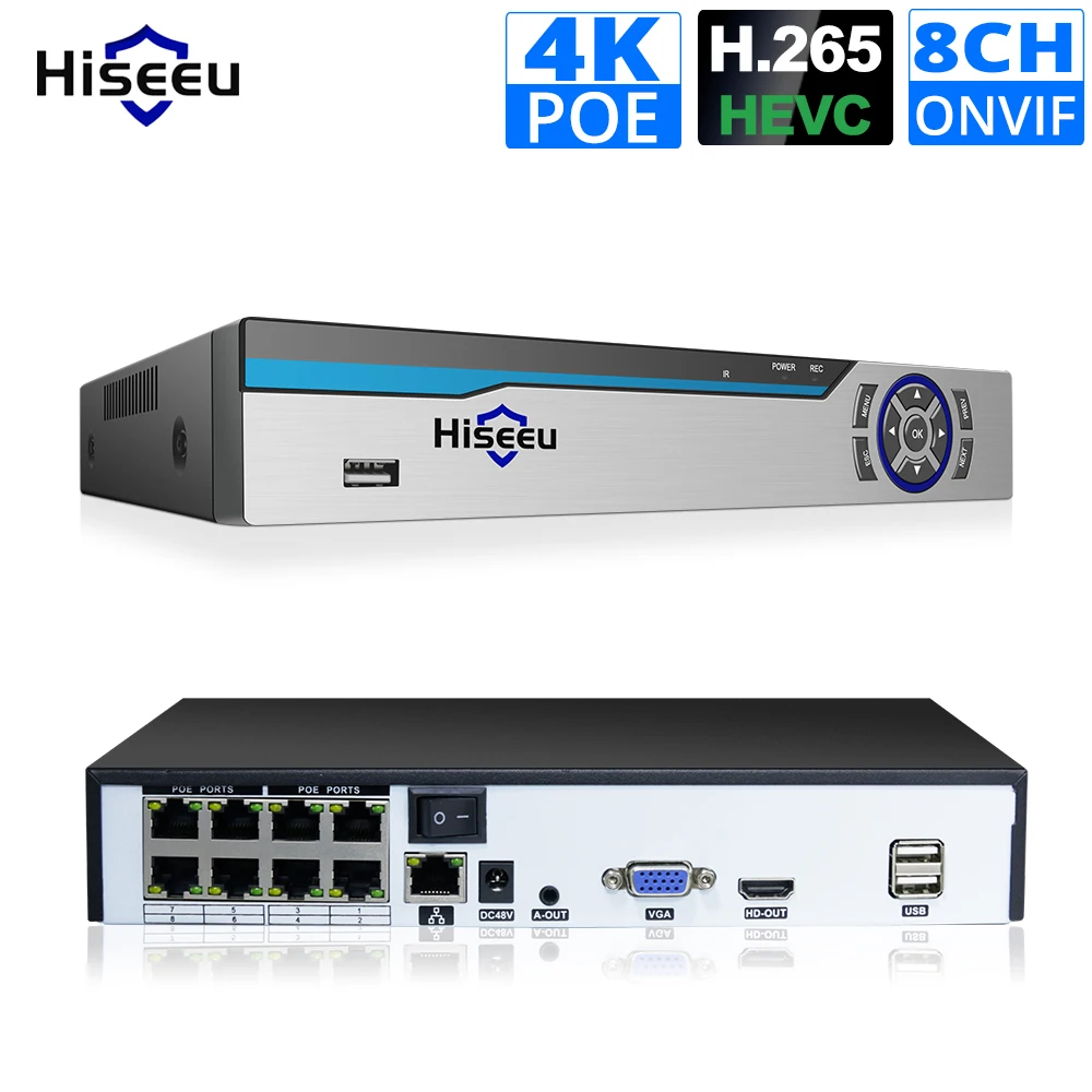 Hiseeu 4K 8CH POE NVR ONVIF H.265 3,5 мм аудио выход видеонаблюдения безопасности видео рекордер для POE IP камеры(1080 P/4MP/5MP/8MP/4 K