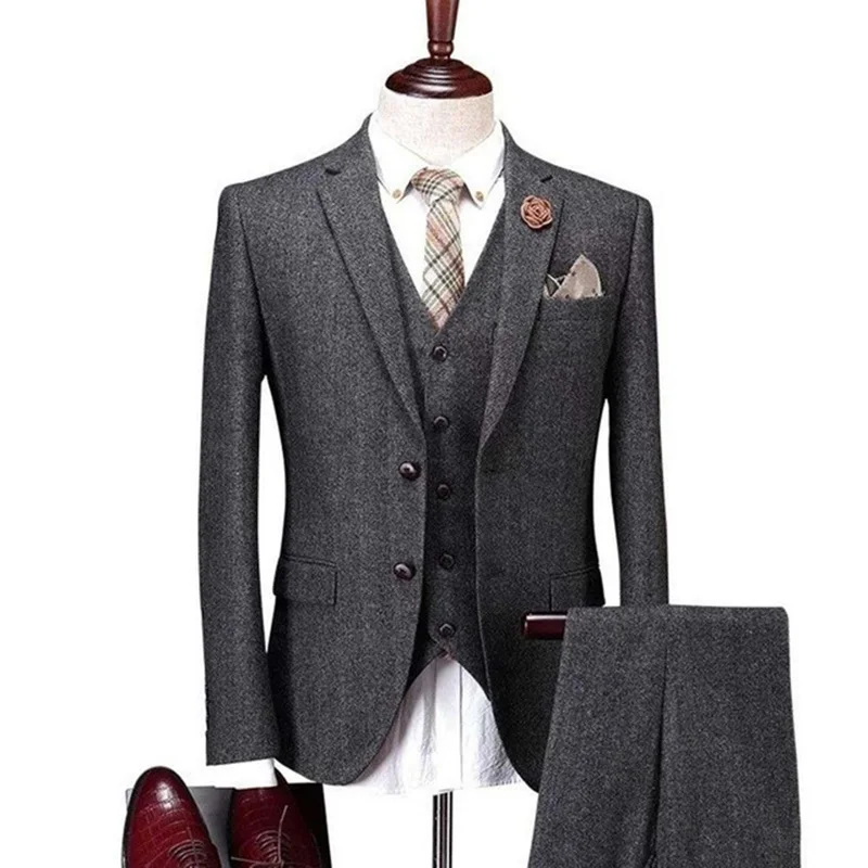 Men's Suits 3 Pieces Notch Herringbone Tuxedos Wool /Tweed Blazer Slim Fit Winter Grey Coat Wedding Groom (Jacket+Vest+Pants)