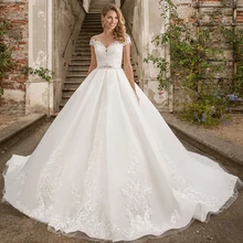 White Luxury Wedding Dress Long Sleeve Lace Ball Gown O-neck 3D Flower Bridal Dresses Court Train Custom Made Wedding Gown