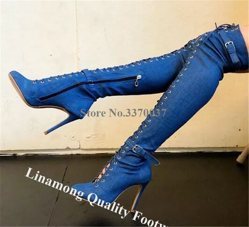 Linamong новейший модный круглый носок сапоги выше колена с пряжкой; высокие сапоги-гладиаторы выше колена; на шнуровке Красный, черный, синий цвет тонкие длинные, с высоким каблуком; ботинки