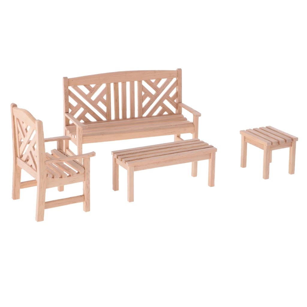 4 Pcs 1:12 Wooden Garden Furniture for Dollhouse Miniature Decor No Paint