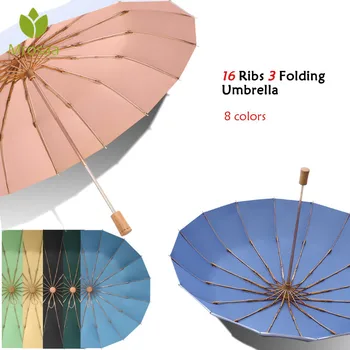 

Windproof Three-Folding Umbrella Female Male 16 Bone Luxury Large Umbrellas Anti-UV Men Rain Women Gift 8 Color Parasol
