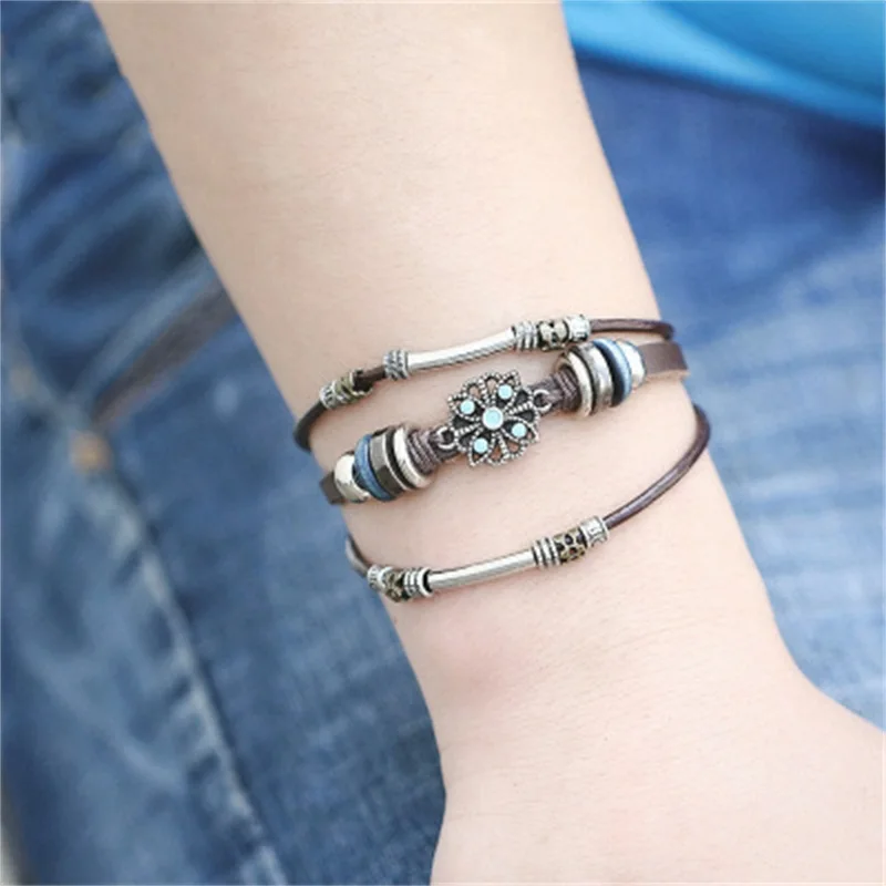 

ZG Vintage Flower Bracelets & Bangle Boho Multiple Layers Leather Bracelet 2019 For Women Man Wrap Female Punk Jewelry