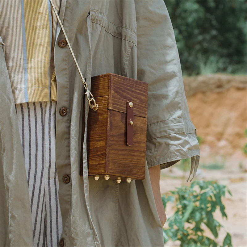 Модный клатч с заклепками, ручная работа, деревянная коробка, сумка для женщин, цепь, сумка через плечо, маленькие однотонные деревянные кошельки, женские вечерние сумки на плечо