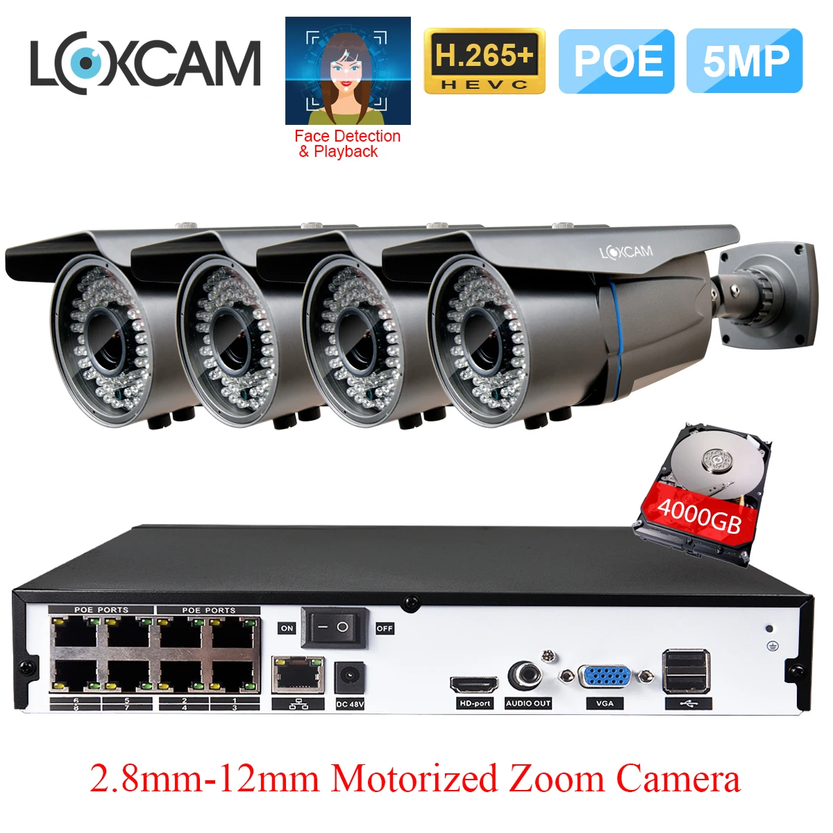 LOXCAM H.265+ CCTV Системы 8ch 5MP POE NVR Kit 48V 5MP Открытый водонепроницаемый 2,8-12 мм моторизованный зум безопасности IP камера Системы POE