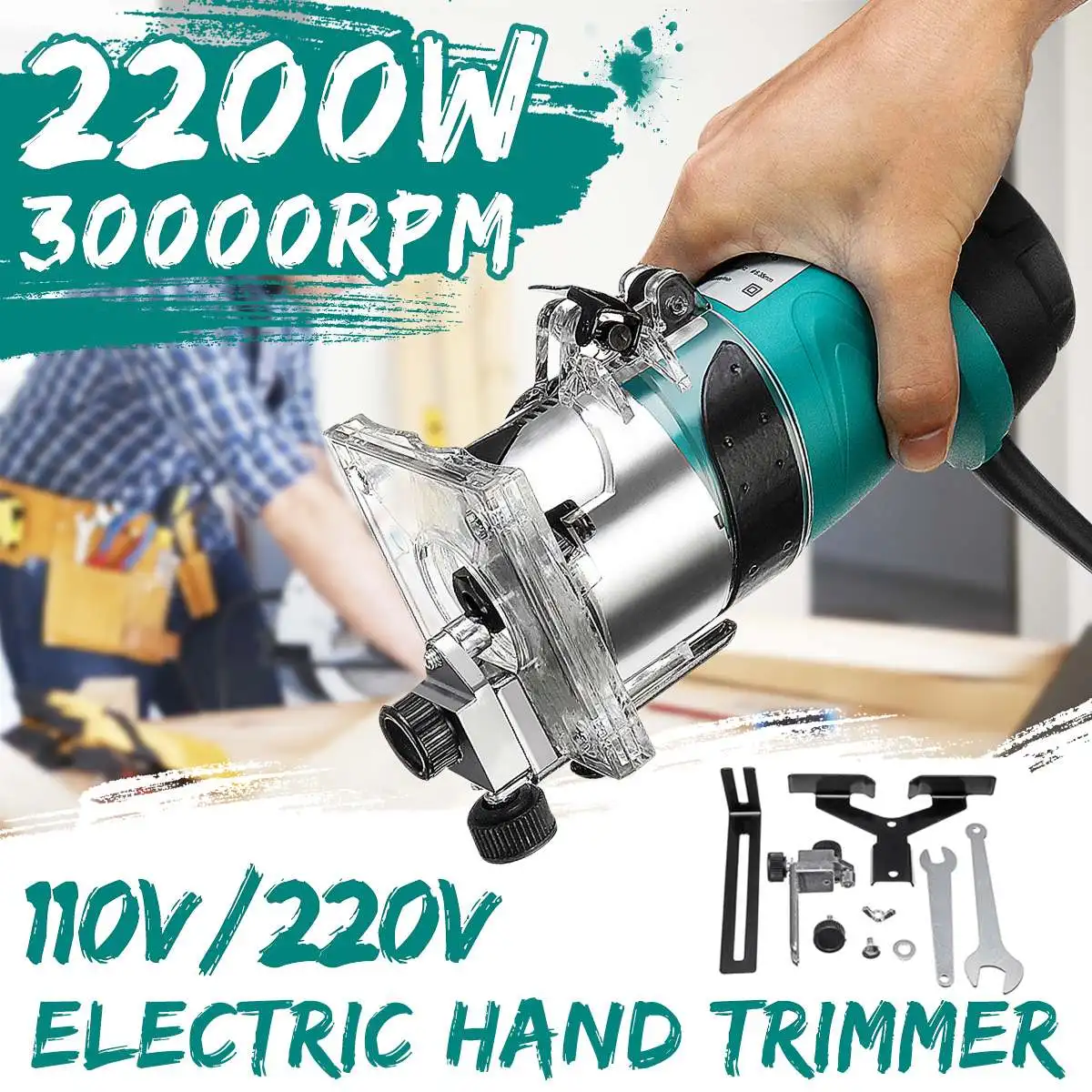 

30000Rpm 2200W Woodworking Electric Trimmer Wood Milling Engraving Slotting Trimming Machine Hand Carving Machine Wood Router