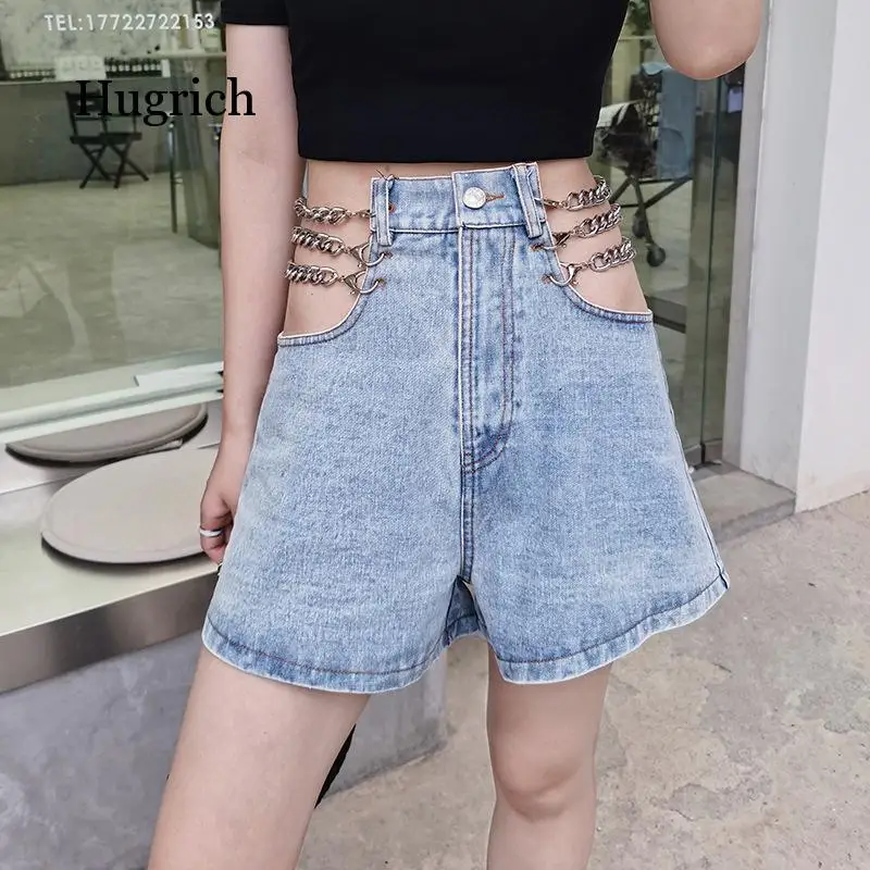 Women Shorts Sexy Denim Shorts Chain Hollow Out High Waisted Summer Jeans Shorts 2021 Fashion New Arrival Blue
