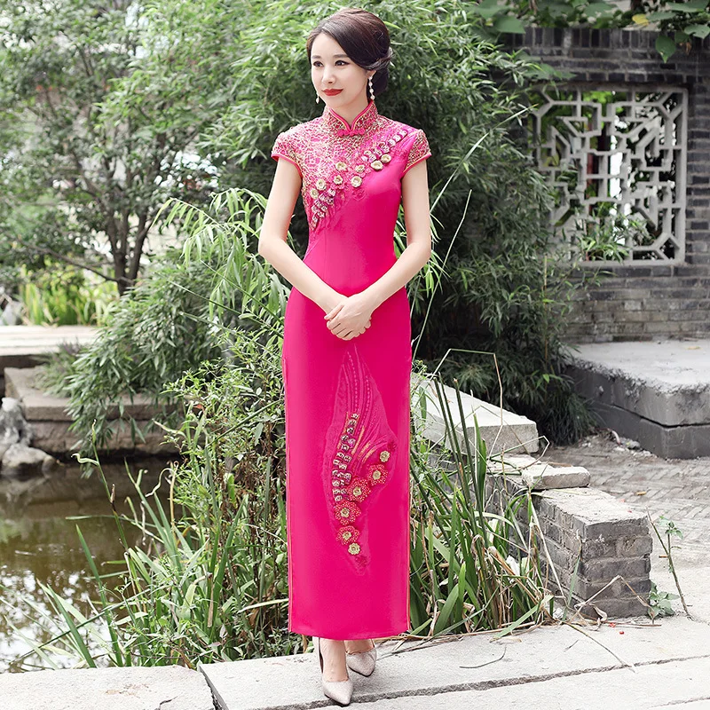 Китайский стиль длинный традиционный ченсам женские атласные длинные Qipao классические Чонсам с вышивкой летнее платье больших размеров S-5XL