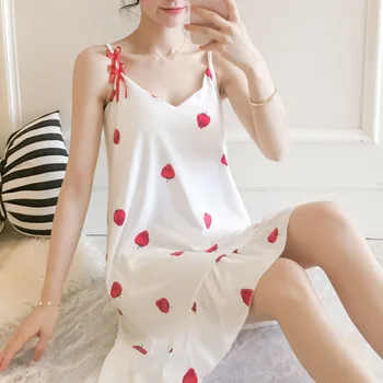 

2020 Women Night Dress Print Home Dress Sleep Casual V Neck Sleeveless Sling Top Sexy Sleepwear Mini Dress Cotton Sleepwear