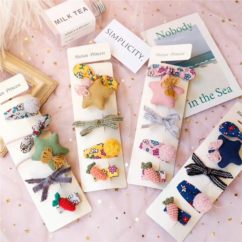 

M MISM 1set Plush Bobby Clips Flower Bow Scrunchies For Children Rubber Bands Star Hair Clips Girls Barrettes Hair Accessories