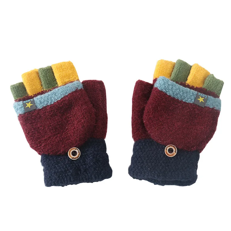 5-12 Year Old Children's Winter Acrylic Thick Knit Warm Half Finger Flip Mittens Cartoon Dog Touch Screen Writing Gloves C94