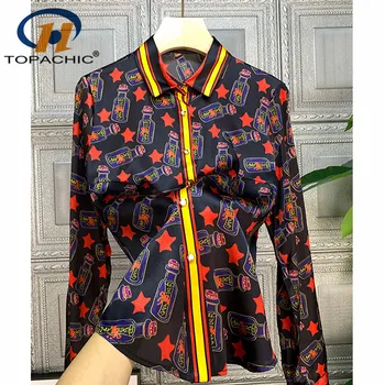 

12.13 2020 New Fashion High end Silk Blouse contrast color Print pattern Turn-down collar long sleeve single breasted Shirt