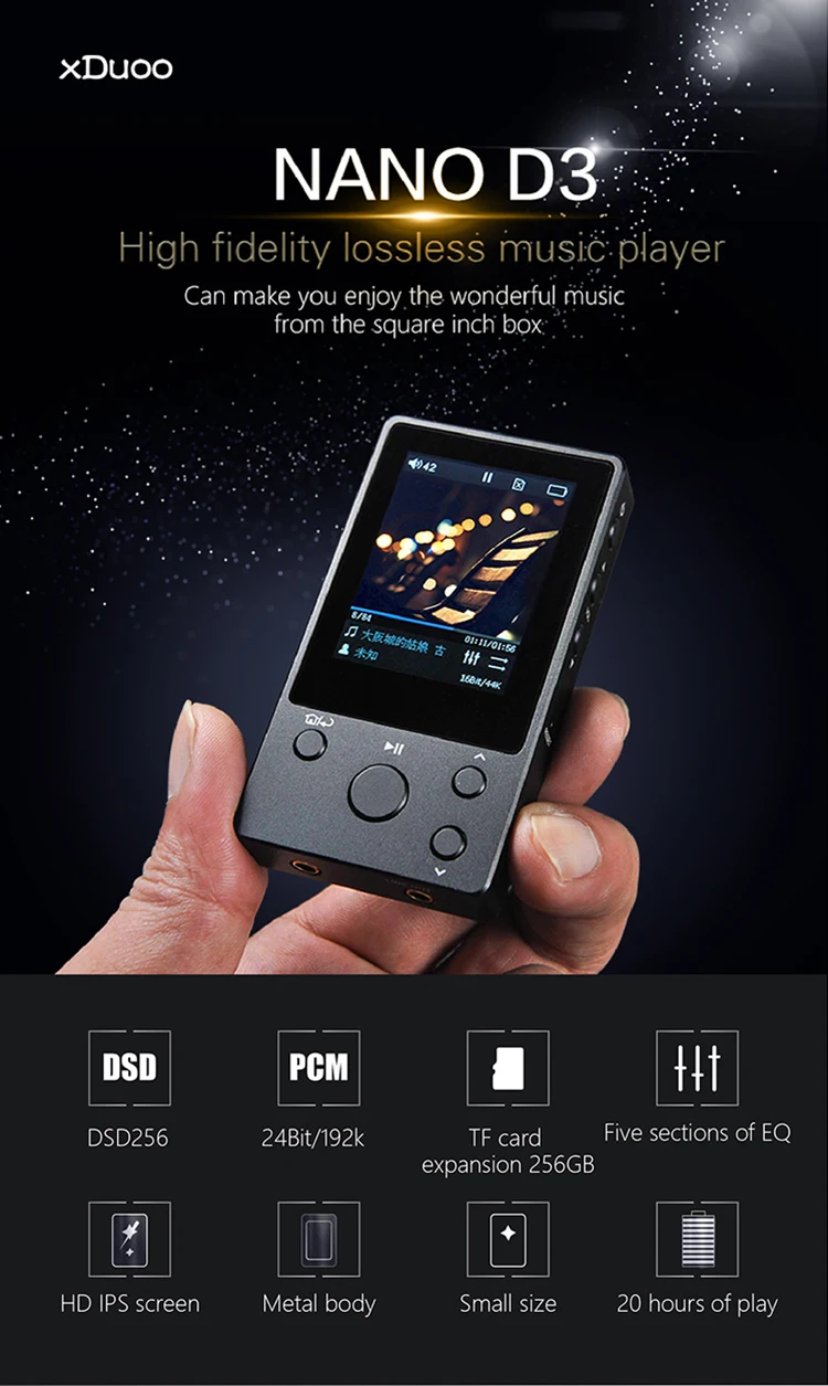 XDUOO D3 Профессиональный музыкальный MP3 HIFI музыкальный плеер с HD OLED экраном Поддержка APE/FLAC/ALAC/WAV/WMA/OGG/MP3