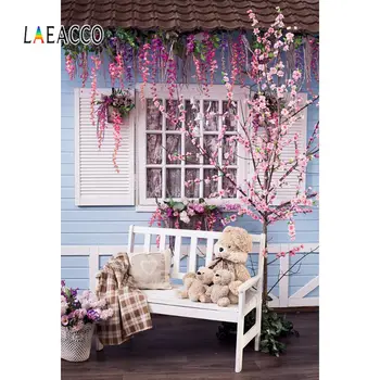 

Laeacco Spring Cherry Flower Tassel Gray Chair Teddy Bear Rural Yard Baby Scenic Photo Background Photography Backdrop Photocall
