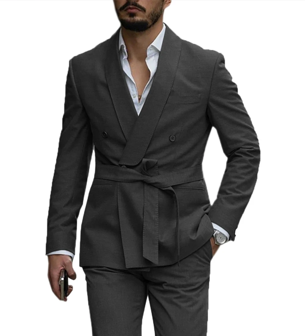 

2023 New Style Men's Western Tailored Suit Lapel Belt Tuxedo Gentleman Texture Solid Color Unique Design Casual Meeting 2-Piece