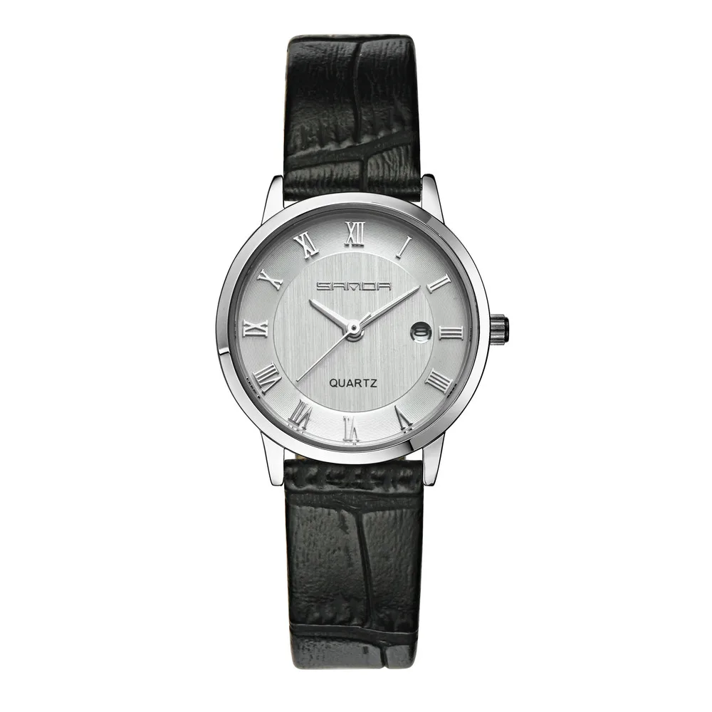 Women black white SANDA 7 мм супер тонкие роскошные классические парные часы для мужчин и женщин кварцевые наручные часы для влюбленных Водонепроницаемые кожаные часы Calander P188 - Цвет: Women black white