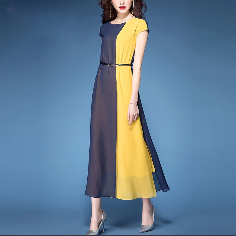 

2019 summer new temperament waist slim dress female round neck short sleeve early autumn women chiffon dress solid color a1205