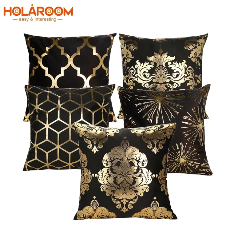 

Black cushion cover geometric pillows case super soft short velvet gold printed fireworks pillowcase sofa home decor funda cojin