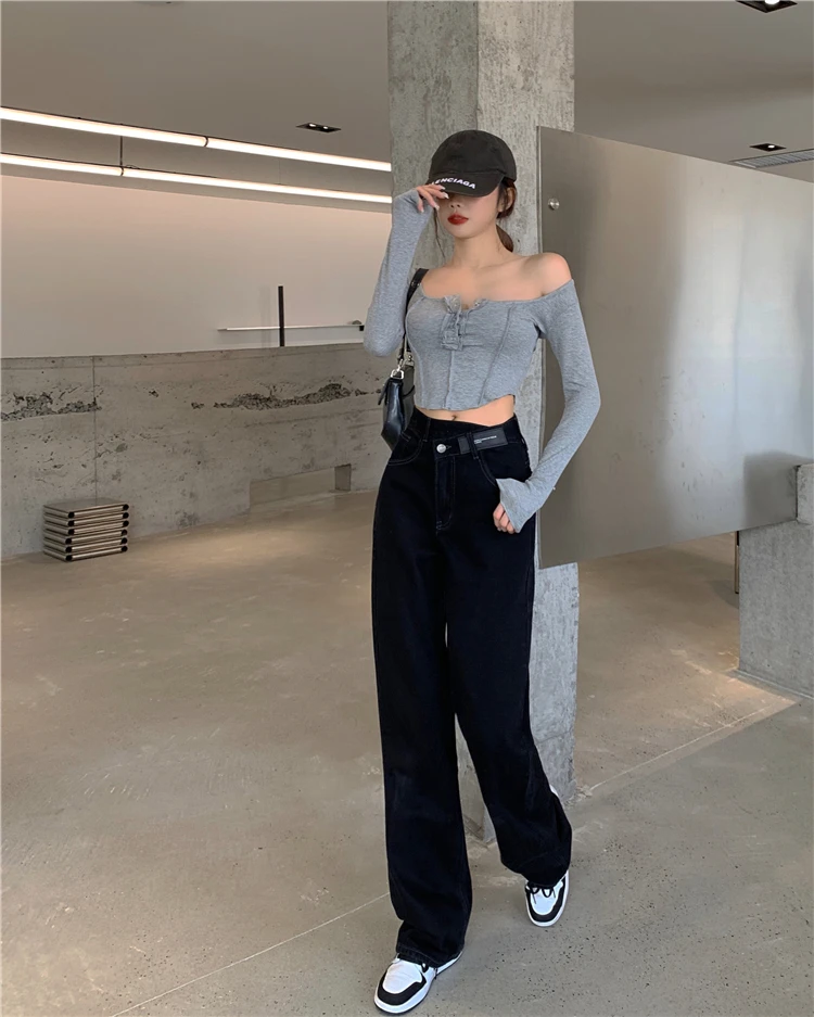 good american jeans Women's Autumn Casual High Waist Denim Pants Loose Chic Straight Leg Pockets Jeans Femme Fashion Streetwear Trousers cargo jeans