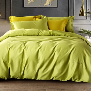 

Green 100% Cotton Embroidery Satin Flat Ruffles Sheet Duvet Cover Pillowcases Soft Double Solid Color Bedclothes Bedding Set