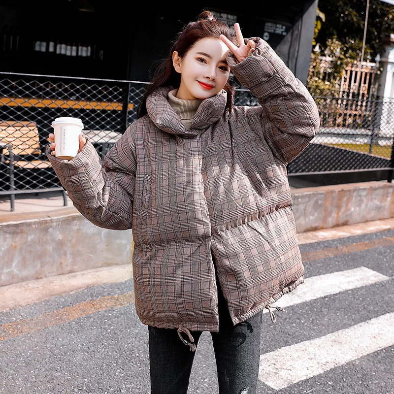 

Stand Collar Plaid Thick Warm 2018 Winter New Style Korean-style Loose-Fit down Coat Women's Short down Jacket Cotton-padded Clo