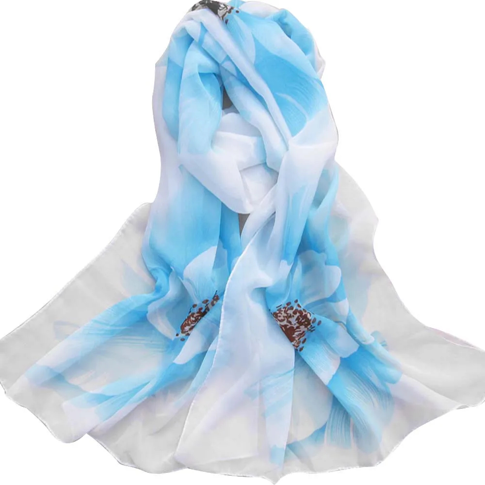 Осенний шарф женский длинный мягкий шелковые шифоновые шарфы женский Шаль цветочный принт с отворотом шарф Женская шаль вуаль# HY - Цвет: Light Blue