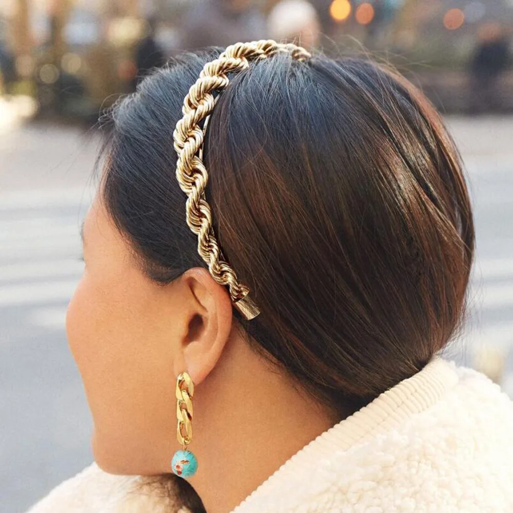 Haimeikang Women Bezel Head Hoop Alloy Chain Interlocking Metal Headband Headwear Fashion Twist Hair Accessories New Style |