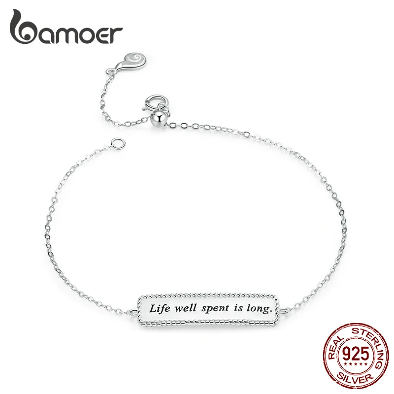 

bamoer Authentic 925 Sterling Silver Engrave Chain Bracelet for Women "Life well spent long" Friendship Link Bracelet BSB039