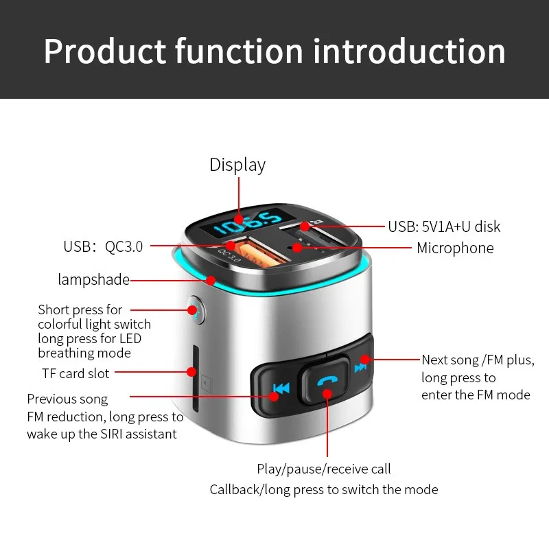 Fm-передатчик для автомобиля, Bluetooth, беспроводной QC 3,0, быстрое зарядное устройство, двойной USB, громкая связь, аудио, MP3 плеер, u-диск, TF кард-ридер, автомобильное зарядное устройство