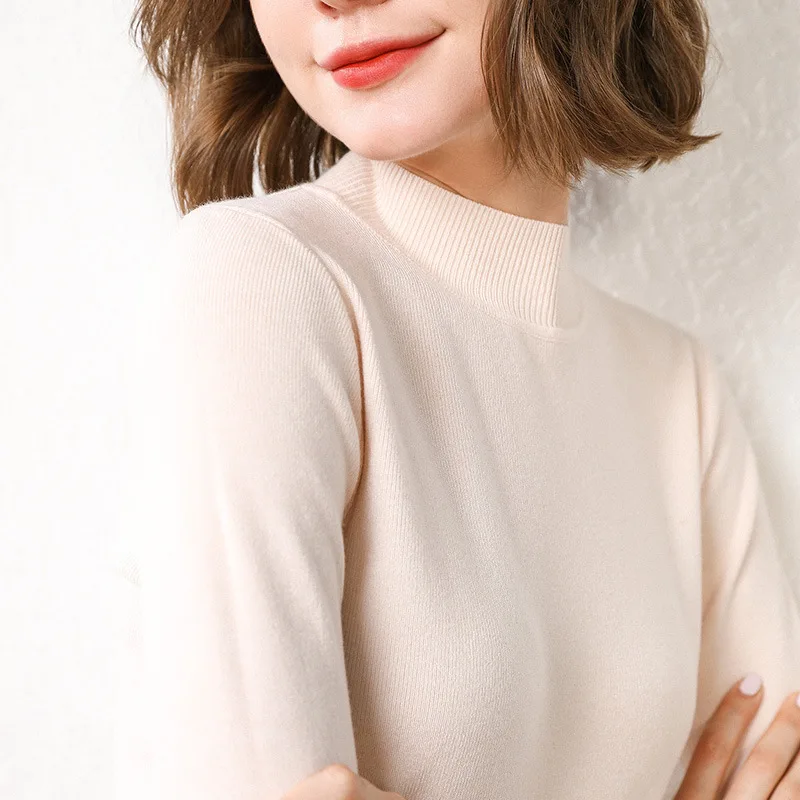 Round collar sweater women's dress autumn and winter new solid color sleeve close to wool knitted undershirt woman Round collar sweater women's dress autumn and winter new solid color sleeve close to wool knitted undershirt woman