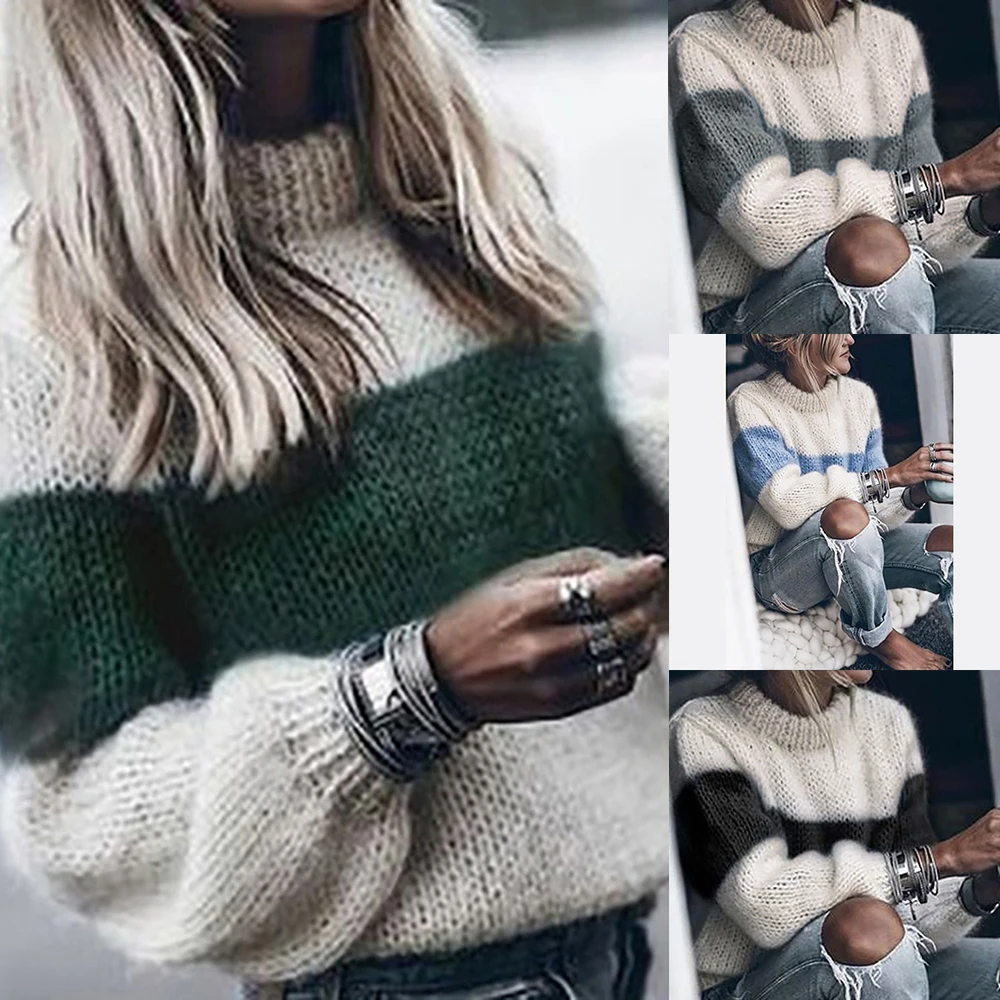 

2019 New Women Casual Pullovers Sweaters Knitted Sweater Autumn Winter Streetwear Loose Striped Turtleneck Sweater Female 3XL