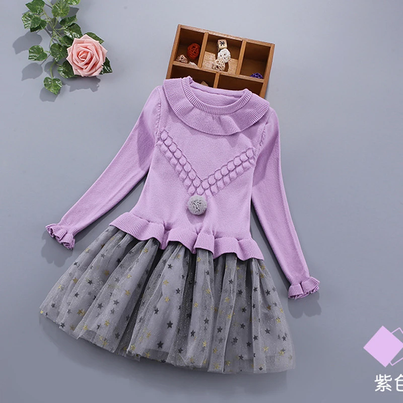 Зимнее трикотажное шифоновое платье для девочек детская одежда с длинными рукавами для рождественской вечеринки детские платья для девочек, одежда на год - Цвет: 309427 purple